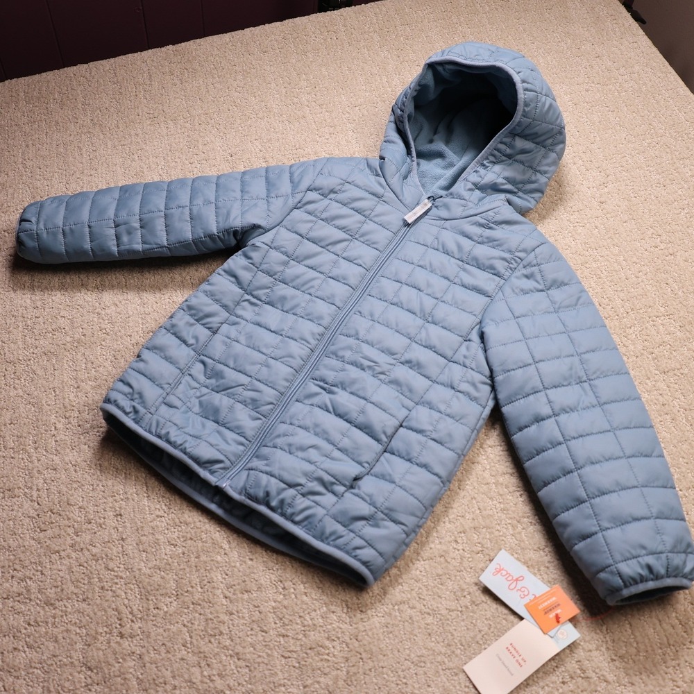 Cat & Jack Kids Blue Quilted Puffer Jacket Fleece Lined Hood XS 4 5 NEW
